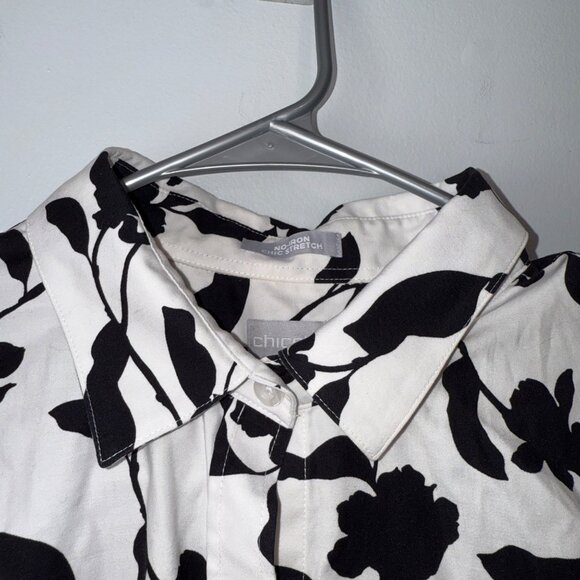 Chicos No-Iron Chic Stretch Black & White Floral 3/4 Sleeve Button-Up Size 12 - Picture 3 of 7